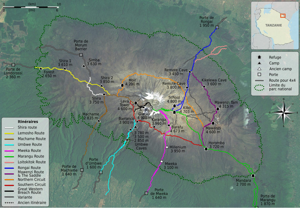 A map of Mount Kilimanjaro and its routes.