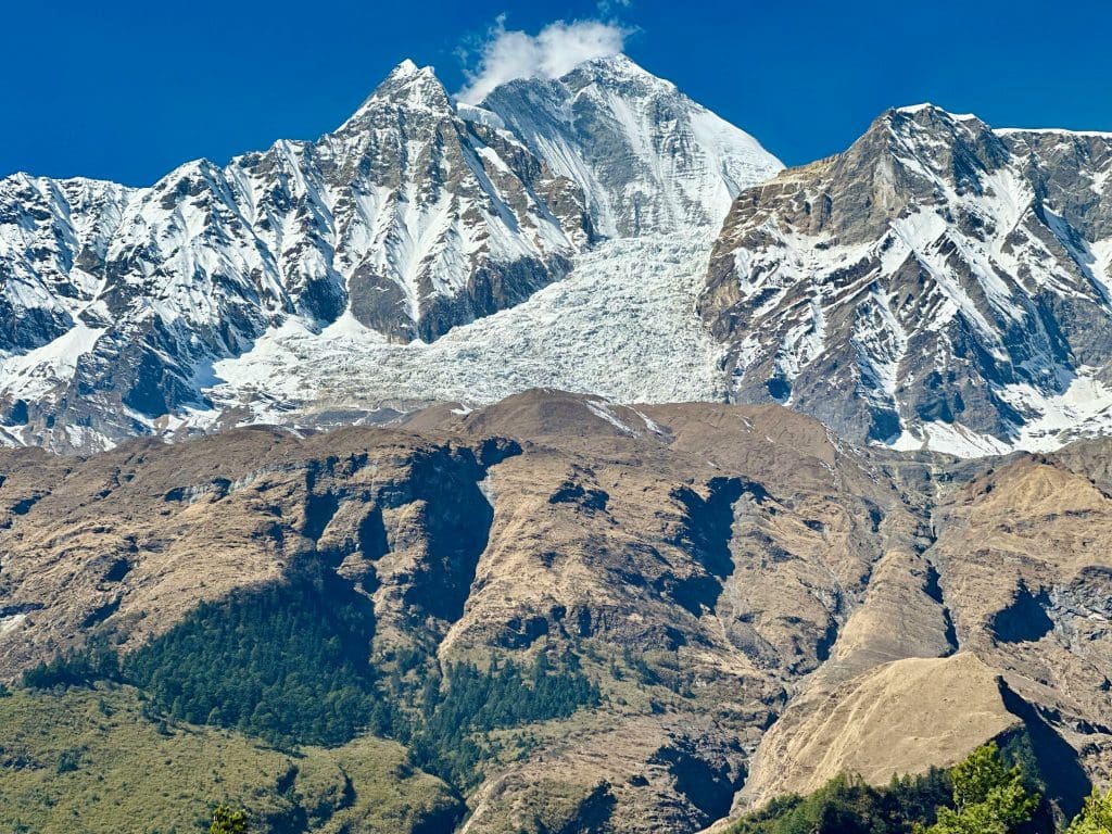 The towering peaks of the Dhaulagiri Mountains.