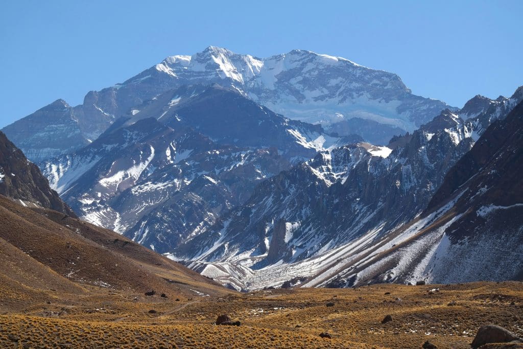 Snow-covered Aconcagua mountain peak