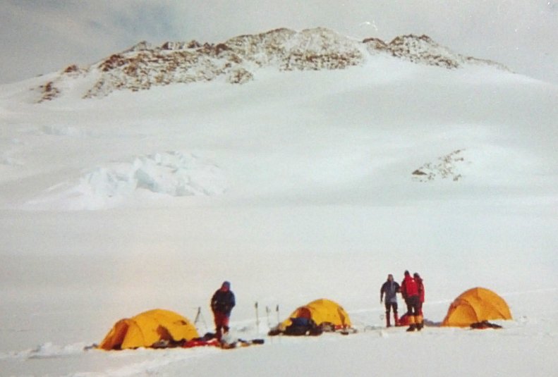 A rest camp on the vast ice plain below Vinson Massif in Antarctica.