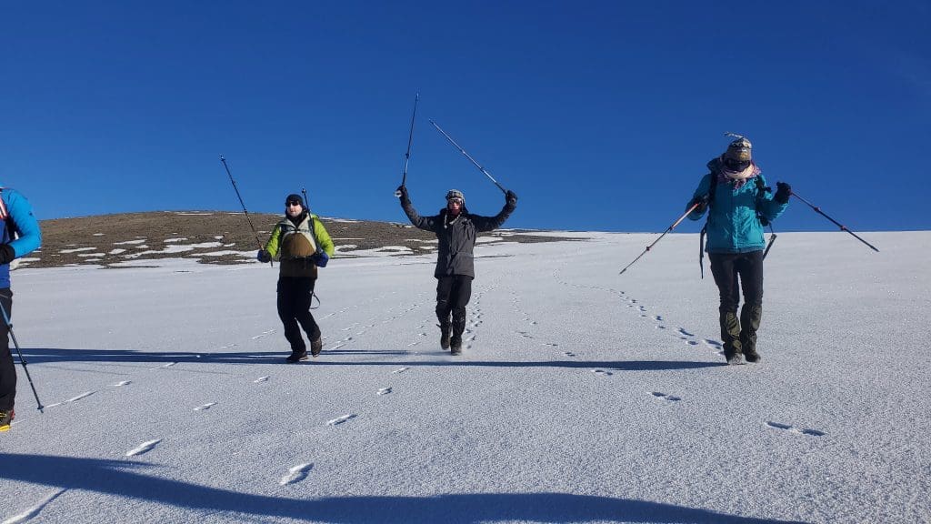 Trekkers descending a snowy slope on Mount Kilimanjaro under a clear blue sky, celebrating with raised trekking poles.