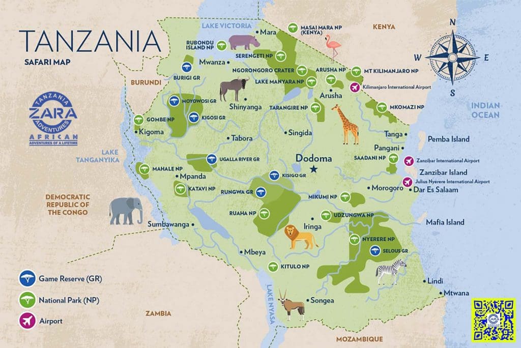 Illustrated safari map of Tanzania showing national parks, game reserves, major cities, lakes, airports, and key wildlife areas including Serengeti, Ngorongoro, Tarangire, Ruaha, and Mount Kilimanjaro.